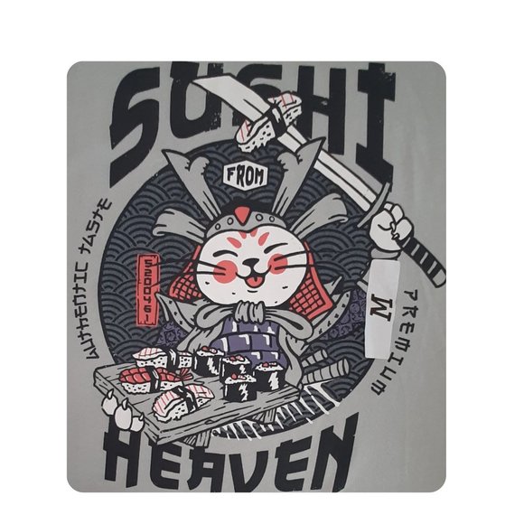 ZARA Men's SUSHI Print Knit Tee MEDIUM Samurai CAT T-SHIRT Grey Sword Cotton - Picture 2 of 8